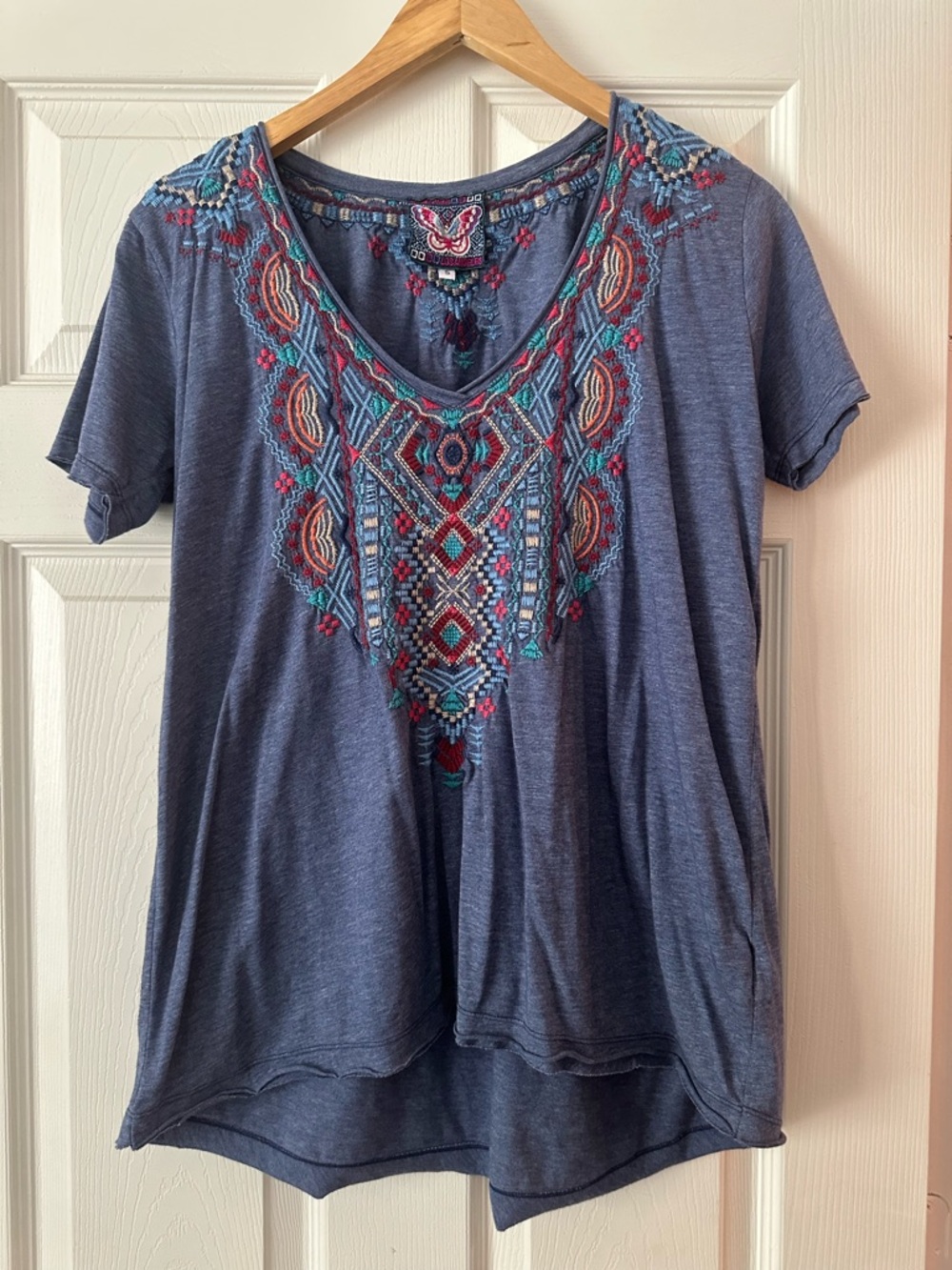 Johnny Was Embroidered Blue Short Sleeve Women's Top